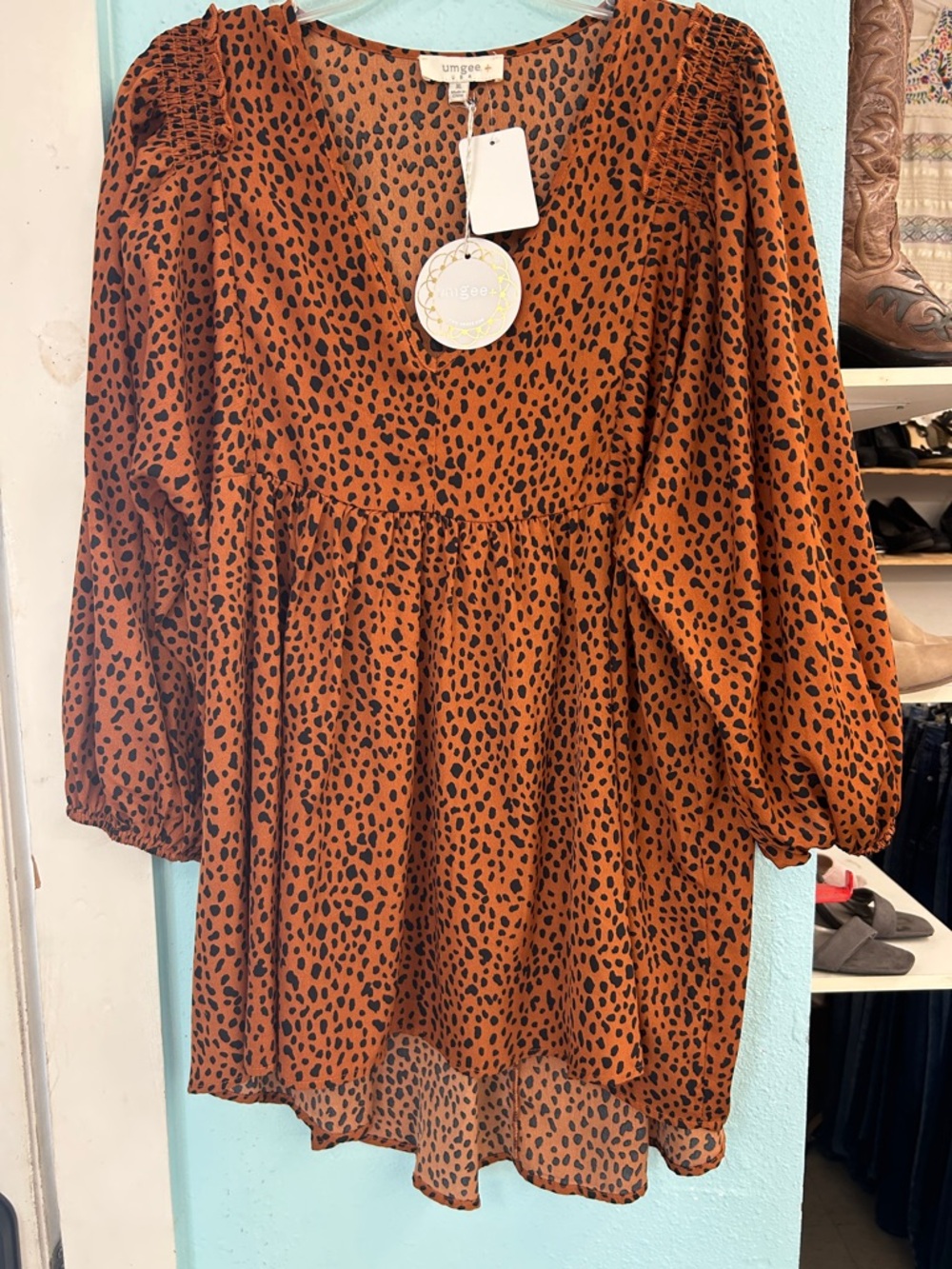 New Umgee Rust Brown Animal Print Babydoll Tunic
